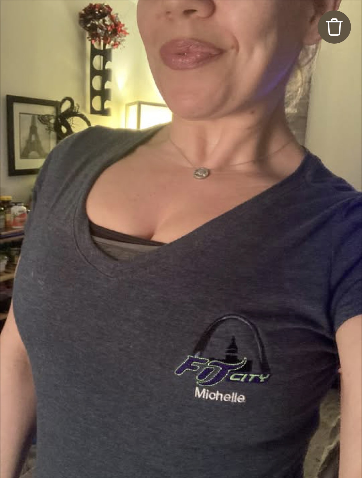 Michelle wearing her Fit City Gym shirt.